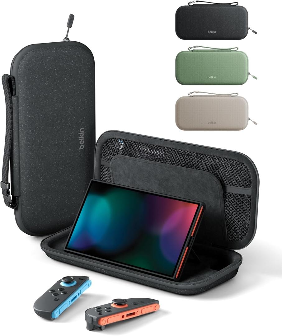 Belkin Nintendo Switch 2 Case, Travel Bag w/AirTag Holder & Storage Pocket for Up to 12 Game Cards - Portable, Lightweight Carrying Case w/Hard Shell, Soft Interior, Switch 2 Accessories - Charcoal (Black)