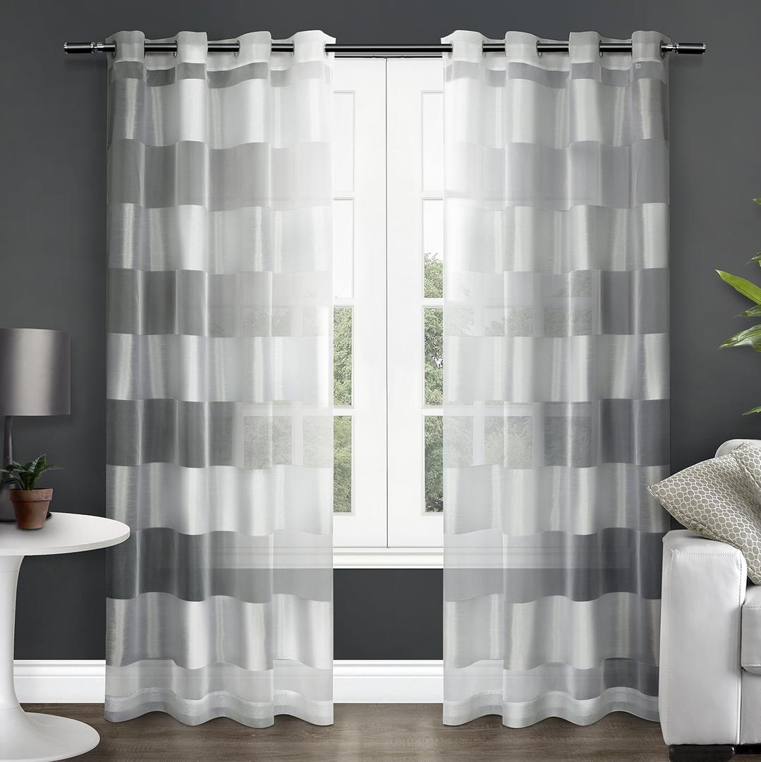 Exclusive Home Navaro Striped Sheer Grommet Top Curtain Panel Pair, 54"x84", Winter White
