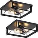 2 Pack Black Flush Mount Ceiling Light, 2-Light Industrial Farmhouse Ceiling Light Fixture with E26 Base, Modern Metal Square Close to Ceiling Light for Kitchen Hallway Entryway Living Room