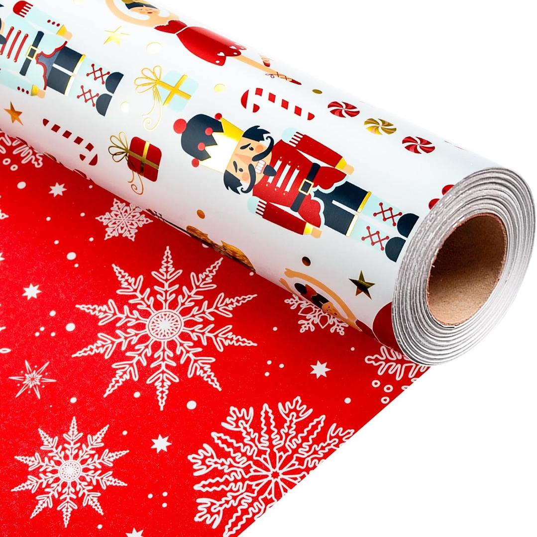 Retrify Christmas Wrapping Paper - Nutcracker Stars Girl Dance and Snowflake Pattern Metallic Gold Foil Shine Gift Wrap Paper for Holiday Shower Party Celebration - 17 Inch x 32.8 Feet Mini Roll