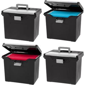 IRIS USA File Box with Lid File Organizer for Letter File w/Organizer-Lid, Water Resistant Document Box, Plastic Mobile Filing Organizer, Secure Buckle, Portable Handle, Lockable, Black 4 Pack