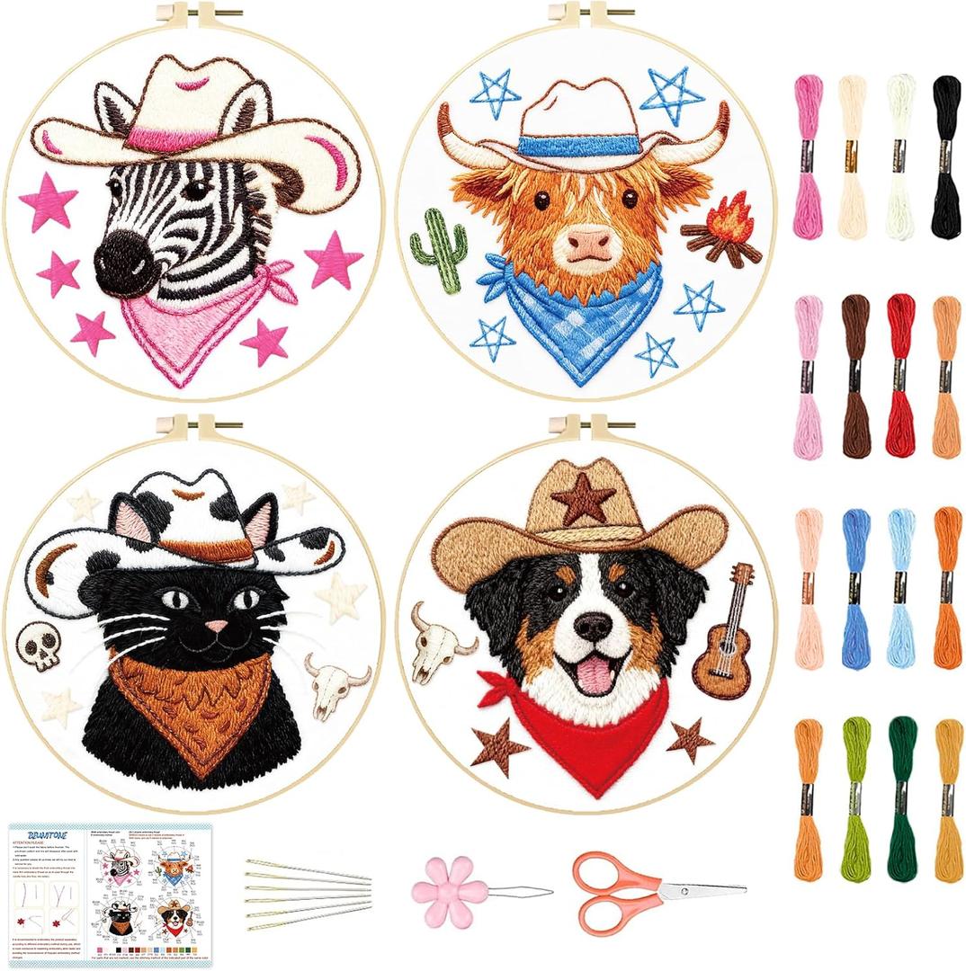 BEUNITONE 4 Set Embroidery Kit for Beginners, Animal Cowboy Patterns Cross Stitch Kits, Needlepoint Kits for Adults with Hoop, Cute Hand Embroidery Patterns for Cloth and Home Decor