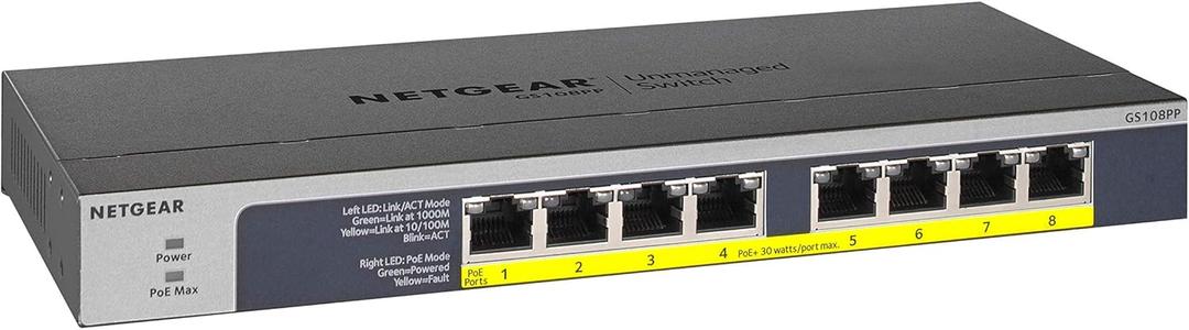 NETGEAR 8-Port Gigabit Ethernet Unmanaged PoE Switch (GS108PP) - with 8 x PoE+ @ 123W Upgradeable, Desktop/Rackmount, and ProSAFE Limited Lifetime Protection