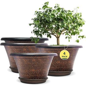 Quarut 12 Inch Pots for Plants,4 Pack Large Plant Pot,Flower Pots with Drainage Hole & Saucer,Modern Planters for Indoor Outdoor Plants,Decorative Resin Garden for Planting Medium Large Plants (Diamond Pattern-brown)