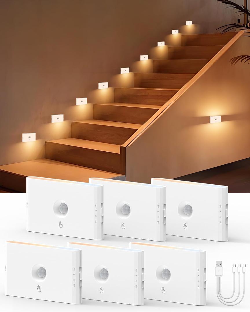 Yiliaw 6-Pack Rechargeable Motion Sensor Stair Lights White, Dimmable Night Lights with 3 Modes & 3 Color Temperatures, Magnetic, Stick-On Stair Lights Indoor for Hallway, Stairway, Bathroom, Kitchen