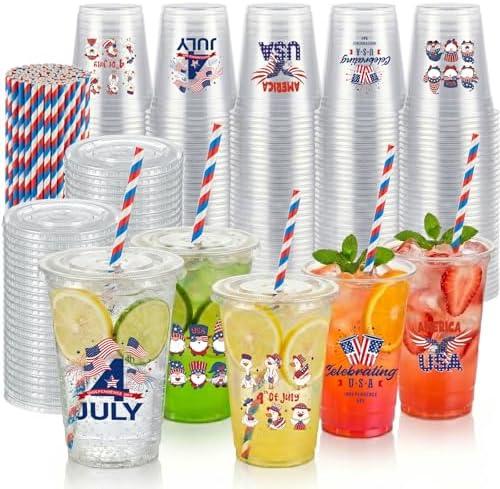 luperasol 100 Sets 4th of July Party Cups with Lids and Straws Patriotic Clear Plastic Disposable Cups for Independence Day Memorial Day Party Decor Supplies 5Styles, 16 oz