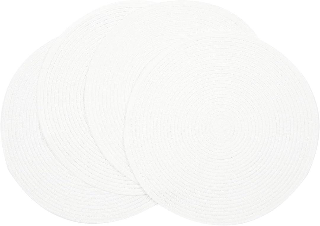SHACOS Round Braided Placemats Set of 4 Washable Round Table Mats for Dining Table 15 inch (White, 4)