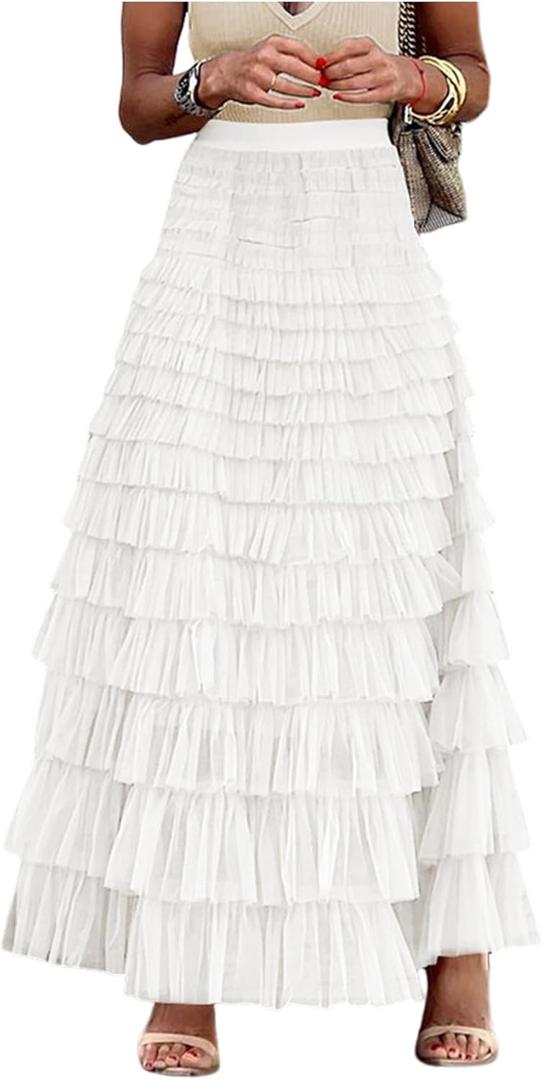 Gihuo Women's Long Maxi Tulle Skirts A Line High Waisted Tiered Layered Midi Skirt Mesh Ruffle Tutu Petticoat (White, Large)