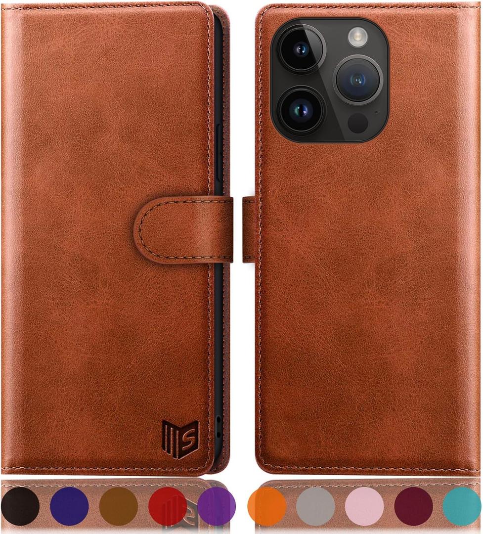 SUANPOT Design for iPhone 15 Pro 6.1" Kickstand Protective Wallet case with RFID Credit Card Holder,Flip Folio Book PU Leather Shockproof Cover Women Men for Apple 15Pro Phone case Light Brown
