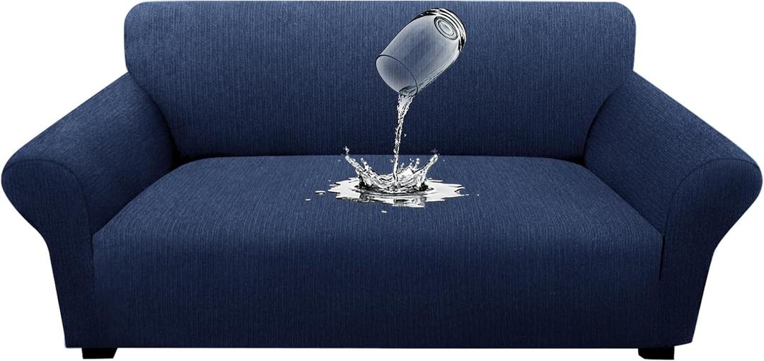 Waterproof Stretch Spandex Loveseat Couch Cover - Non-Slip Soft Sofa Slipcover with Elastic Bottom, Washable Leakproof Furniture Protector for Kids, Pets, Dogs & Cats (Loveseat, Navy)