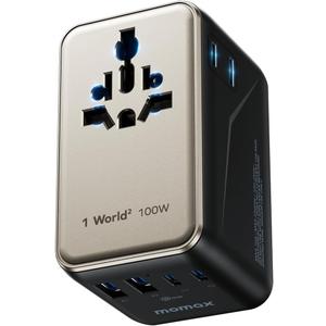 MOMAX 6-in-1 Universal Travel Adapter, GaN 100W International Power Adapter, 2 AC, 2 USB-C PD Fast Charging & 2 USB-A QC, All-in-one International Plug Adapter for Travel European UK AUS JP