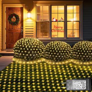 Lovelite 120 LED Christmas Net Lights, 5ft x 5ft Mesh Lights Outdoor 8 Modes Timer, Waterproof Connectable String Lights Clear Wire Plug in for Bushes Lawns Garden Holiday Wedding Party - Warm White