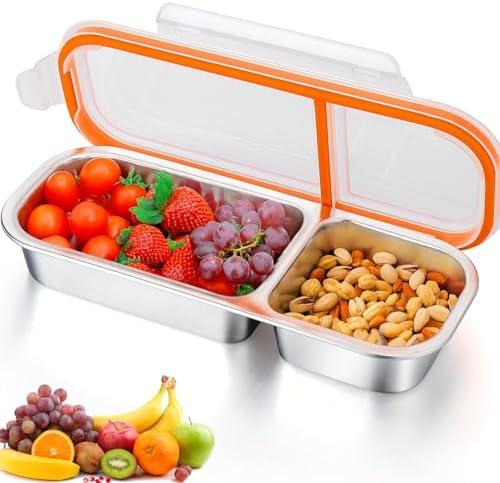 AIERSA Reusable Snack Containers with Lids, Stainless Steel Double/ 2 Compartment Snack Box Container, Divided Grab and Go Snack Container for Take-out Condiments, Leakproof, Pack of 3