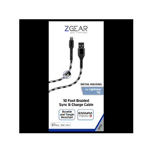 Z GEAR 10 Foot Braided Synk & Chardge Cable. Metal Housing For Lightning Tip