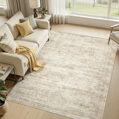 cotiled Large Area Rugs for Living Room 5x7, Machine Washable Rugs with Non Slip Backing Modern Neutral Abstract Rugs Stain Resistant Distressed Carpets for Home Office Decor (5x7 Beige/Brown)