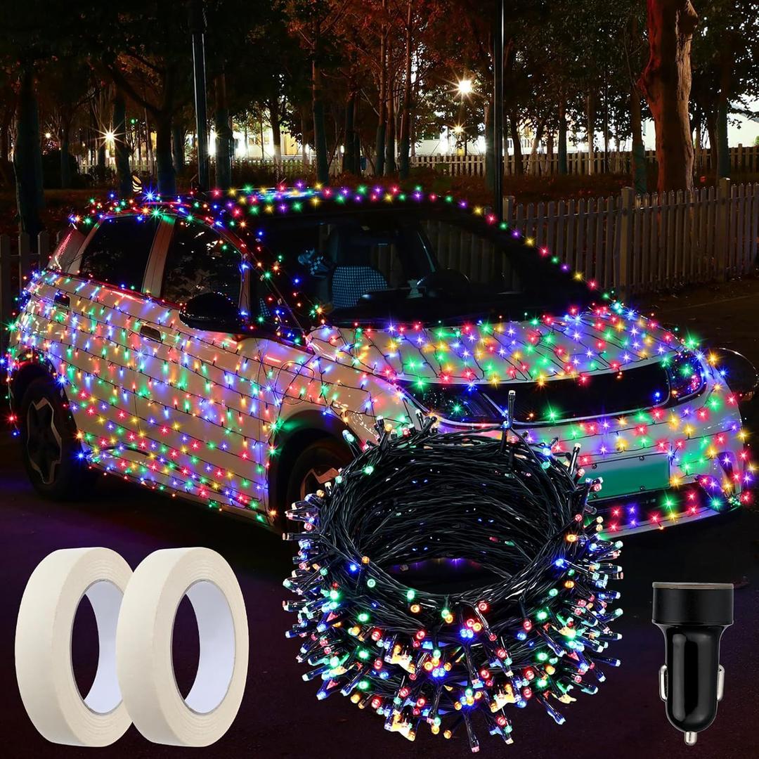 Honoson Christmas Car Multicolor Lights 393ft 1200 LED Cigarette Lighter Remote Control String Lights Waterproof 8 Modes and Auto Timer with Masking Tape for Car Xmas Party Holiday Decor