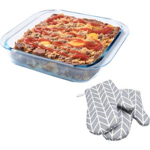 Glass Baking Dish - 2.4Qt Square 9x9 Baking Pan - Baking Pan With Oven Mitts - Glass Baking Dishes For Oven