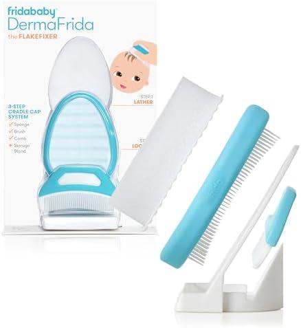 Frida Baby The 3-Step Cradle Cap System, DermaFrida The FlakeFixer, Sponge, Brush, Comb and Storage Stand for Babies with Cradle Cap, White-Blue