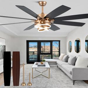Gold Ceiling Fans with Lights, 72 Inch Large Modern Ceiling Fan with Remote Control for Living Room Kitchen, 3 CCT, 6 Speed Reversible DC Motor, Dual Finish