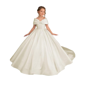 Off Shoulder Flower Girl Dress for Wedding Satin First Communion Dress for Girls Long Ball Gowns with Bow, 8