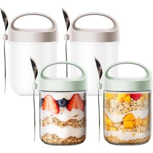 Oatmeal Jars with Lids Overnight Glass, 15oz Wide Mouth Breakfast Jars with Spoons Perfect Breakfast Bottles for Oatmeal/Chia Seeds/Fruit (4 pcs)