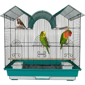 A&E Cage Co AE2614TT SP Blue Triple Top Bird Cage 26" x 14" x 23" Decorative Small Bird Cage Includes 2 Feeder Stations, 3 Wood Perches, Slide-Out Tray & Carry Handle (Teal)