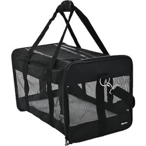 Amazon Basics Airline Approved Soft-Sided Mesh Pet Travel Carrier with Shoulder Strap, Portable, Washable Removable Fleece Pad for Dog, Cat, up to 16 pounds, 16.5" L x 10.6" W x 11" H, Black