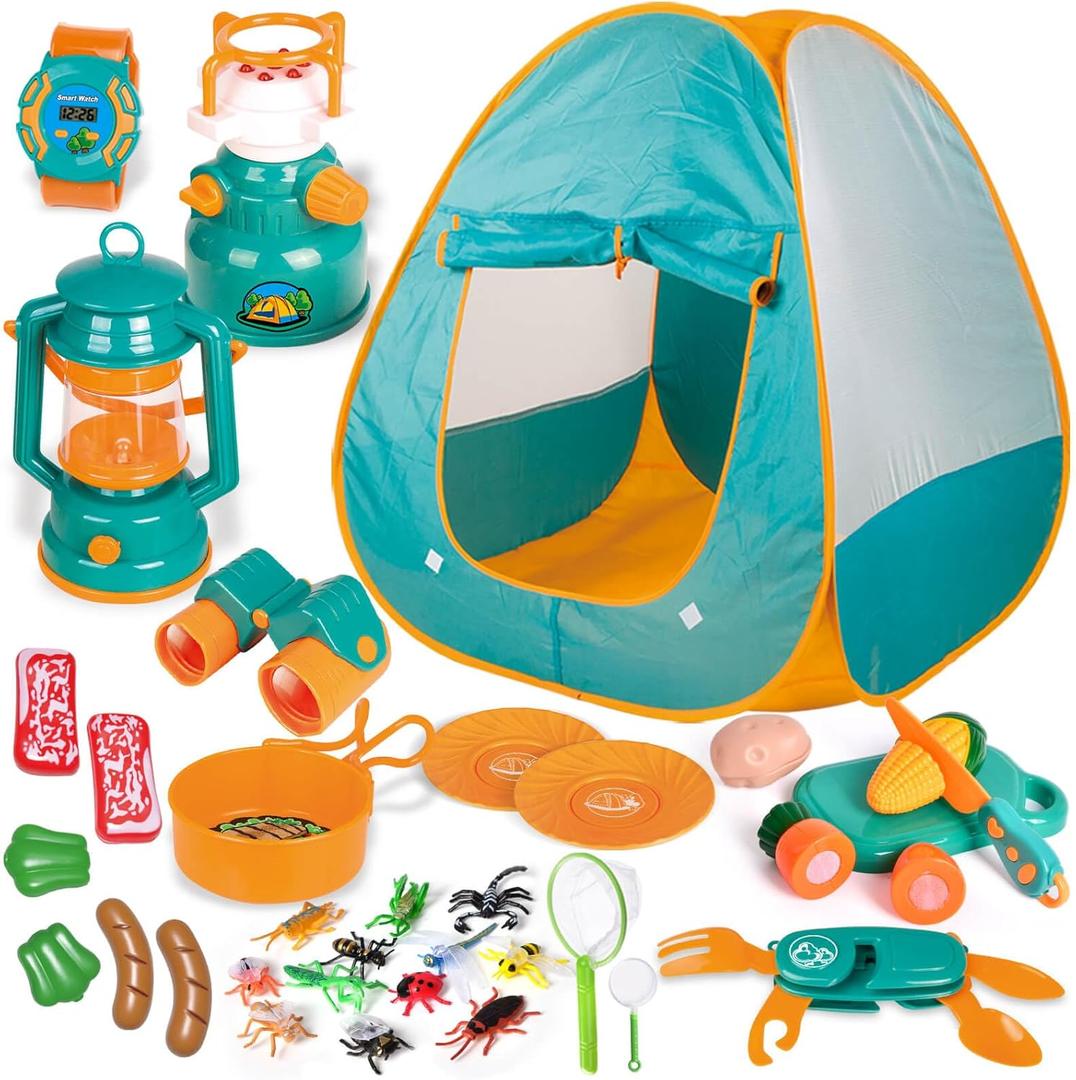 FUN LITTLE TOYS Kids Camping Set with Pop Up Play Tent Camping Toys with Battery Lantern and Drawstring Bag Indoor Outdoor Pretend Play, Christmas Birthday Gifts for Boys (Green Yellow)