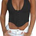 REORIA Women's Summer Sexy Halter V Neck Sleeveless Backless Trendy Y2k Going Out Corset Tank Crop Tops (Medium, Black)