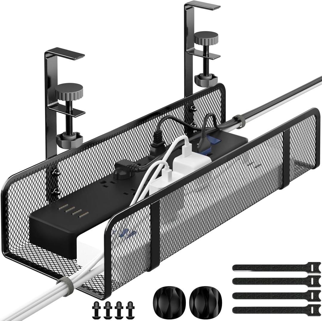 Under Desk Cable Management Tray, Wire Management Desk Cable Organizer Cable Management Box, Cord Organizer Storage for Office, Home (1 Pack-Black)