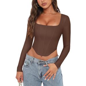REORIA Womens Trendy Sexy Square Neck Long Sleeve Backless Y2K Going Out Boned Bustier Corset Crop Tops (Small, Coffee)