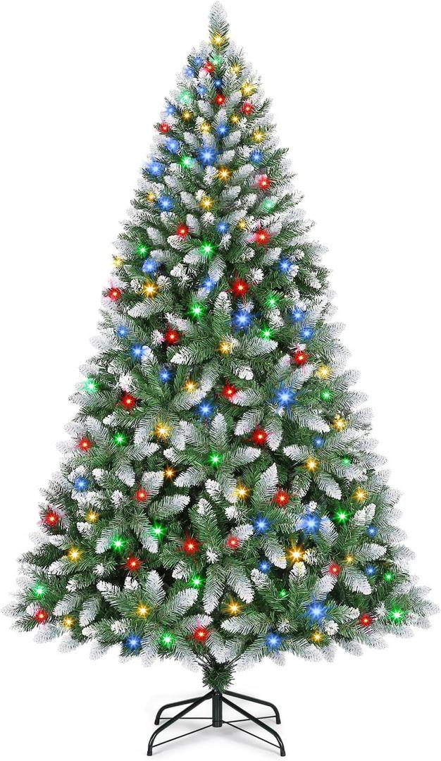 6 FT Prelit Artificial Christmas Tree with 250 Dual-Color LED Lights, 11 Modes Timer, 800 Snowy Tips - Easy Assembly Xmas Tree for Indoor/Outdoor Home Christmas Decorations