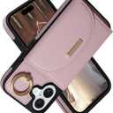 Keallce Wallet Case for iPhone 16 6.1'', Flip Case with Card Slots, Ring Holder Kickstand, PU Leather Protective Folio Cover for Women, Pink
