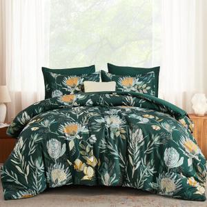 Luxudecor Queen Comforter Set 7 Pieces Bedding Sets, Dark Green Floral Comforter and Sheet Set, Soft Microfiber Bed in a Bag for All Seasons (Dark Green,90"x90")
