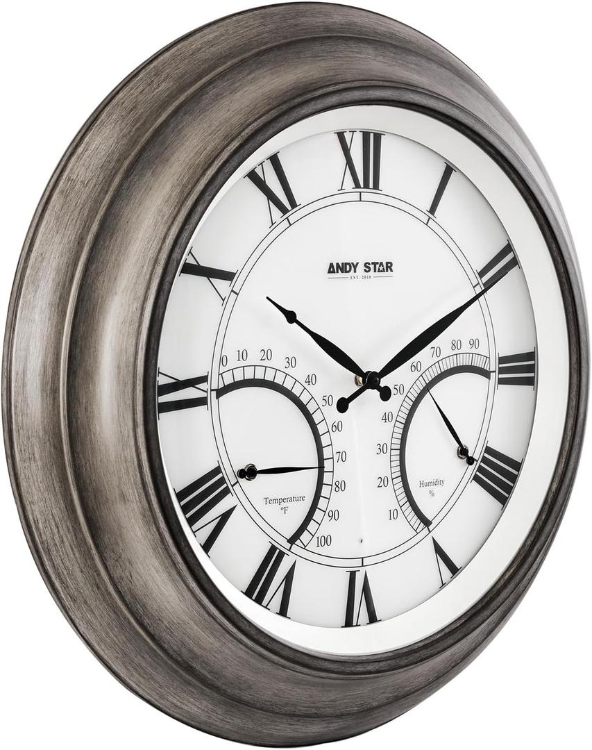ANDY STAR 24 Inch Outdoor Clocks Waterproof,Large Outdoor Wall Clocks for Garden Patio Pool, Modern Lighted Metal Clock Battery Operated with Thermometer&Hygrometer, Gray Oak Wooden Non Ticking