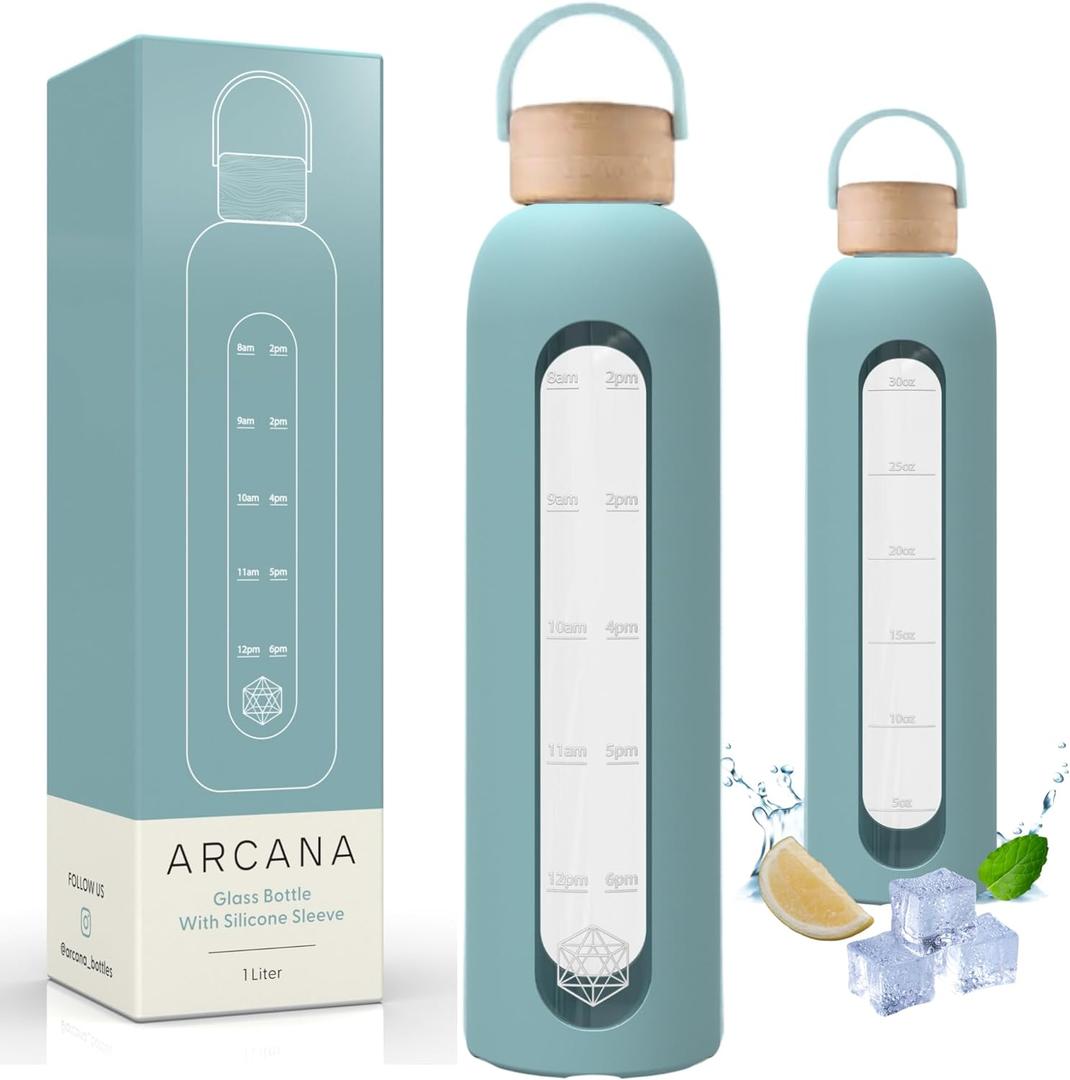 ARCANA Glass Water Bottle With Time Marker - Borosilicate Reusable Waterbottle With Silicone Sleeve - For travel, Gym, Hiking - Gift For Women and Girls - Motivational Water Bottles (Gelato Blue, 32 OZ) (33.8 Ounces)