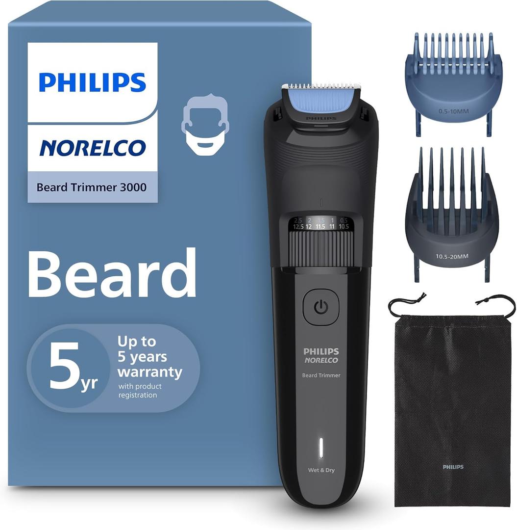 Norelco Philips 100% Waterproof Beard Trimmer 3000 Series with Self-Sharpening Blades, 40 Adjustable Beard Trimmer Length Settings & Two Lift & Trim Combs, USB Charging, BT3620/40 (Black)