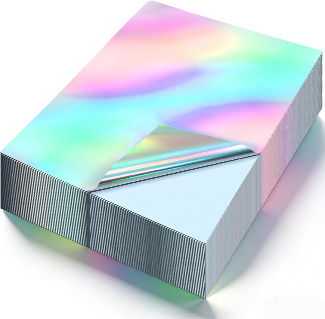 120 Sheet Holographic Sticker Paper, 8.5 x 11 Inch Printable Vinyl Sticker Paper for Laser Printer, Rainbow Holographic Overlay Printer Stickers, Waterproof Self Adhesive Laminating Sheet