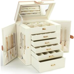 Jewelry Box for Women, 6-Layer Large Jewelry Holder Organizer Box with Mirror & 5 Drawers for Rings, Earrings, Necklaces, Bracelets,White