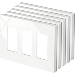 5 Pack BESTTEN 3-Gang Screwless Wall Plate, Decorator Outlet Cover, USWP4 Glossy Off White, H4.69 x W6.54, Face Plate for Light Switch, Dimmer, USB, GFCI, Receptacl
