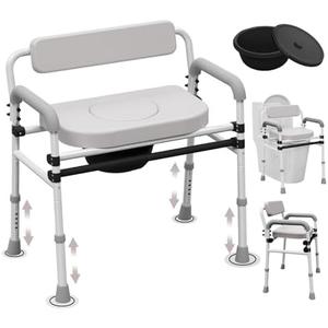 Adjustable Medical Bedside Commode Chair with Padded Backrest, Drop Arm Support, Height Adjustable, Gray