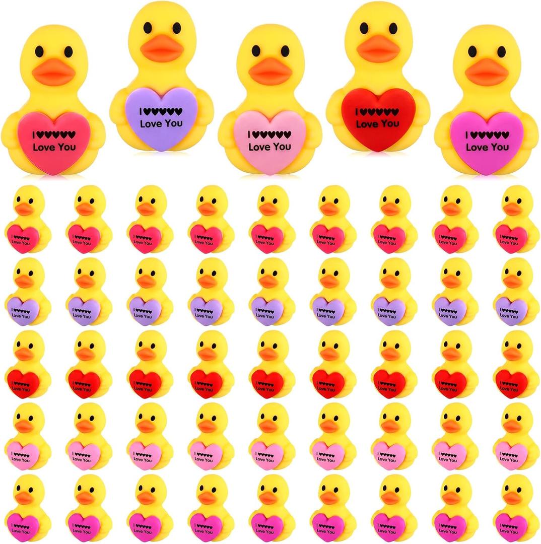 Gejoy 50 Pcs Mini Valentines Rubber Ducks Valentines Day Figurines Bulk Small Assorted Colorful Love Heart Rubber Ducks for Birthday Gifts Party Exchanging Favors Holiday Decor