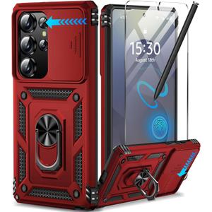 Taisairu for Samsung Galaxy S25 Ultra Case with Screen Protector & Slide Camera Lens Cover, Built-in Magnetic Ring Stand Shockproof Protective Phone Case for Samsung S25 Ultra Case (Red)