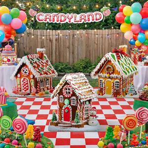 3 Pcs 31"-40" Gingerbread Village Cardboard Cutouts Stand Up Gingerbread House Backdrop Photo Props Standup Waterproof PVC for Xmas Party Floor Yard Outdoor Indoor Home Decor