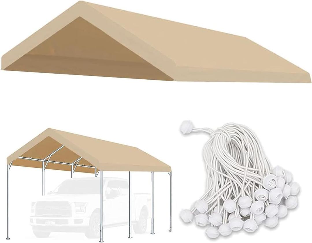 Carport Replacement Canopy Cover for Car Tent Top Garage Shelter Cover Tarp with Ball Bungees (Only Top Cover, Frame Not Include) (Ginger, 12' x 20')