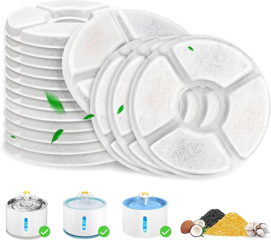 Cat Fountain Filter, 16 Pcs Cat Water Fountain Filters Replacement Dia is 5", 3-Filtration System Round Carbon Filters Compatible with 81oz / 2.4L Round Automatic Pet Dog Water Fountain Dispenser