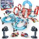 Slot Car Race Track Sets Dual-Player Electric Remote Control Cars Rechargable Magnetic Cars Racing Game with Hand Controllers Circular Overpass Track Birthday Toys for Boys Kids 6 7 8-12