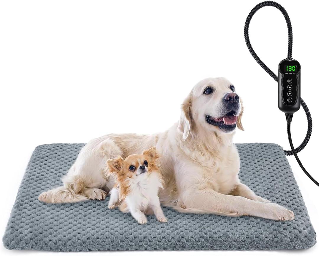 INVENHO Pet Heating Pad, Waterproof Adjustable Temperature Dog Cat Heating Pad with Timer, Indoor Pet Heated Pad for Cats Dogs Electric Pads for Dogs Cats, Pet Heated Pad (L: 35" x 24") (Grey)