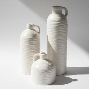 White Ceramic Vase Set of 3 with Handle Ribbed and Dotted Jug Vases for Rustic Farmhouse Table Centerpiece, Shelf & Mantel Decor
