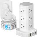 Tower Power Strips with Surge Protection, 6FT Flat Extension Cord with Multiple Outlets, 12 AC 4 USB Ports, Overload Protection Charging Station for Office Home Dorm Room Travel (White)